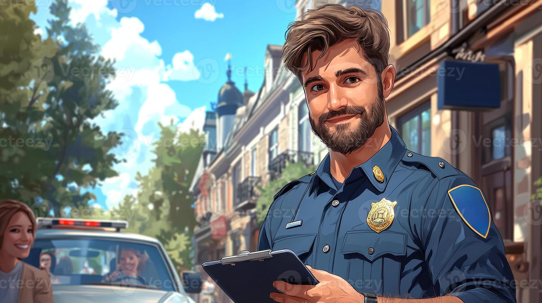 cartoon police officer stands next police car holding notepad. He smiles as he engages cheerful citizens on bright sunny street photo