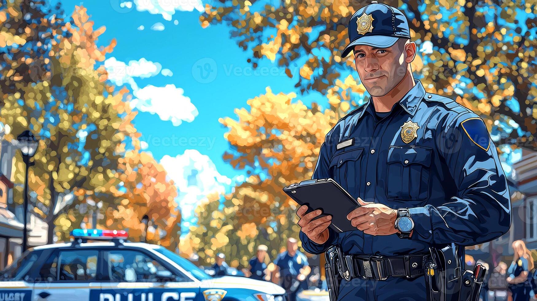 cartoon police officer stands proudly next police car holding notepad. sunny street is vibrant smiling citizens enjoying their day amid colorful trees photo
