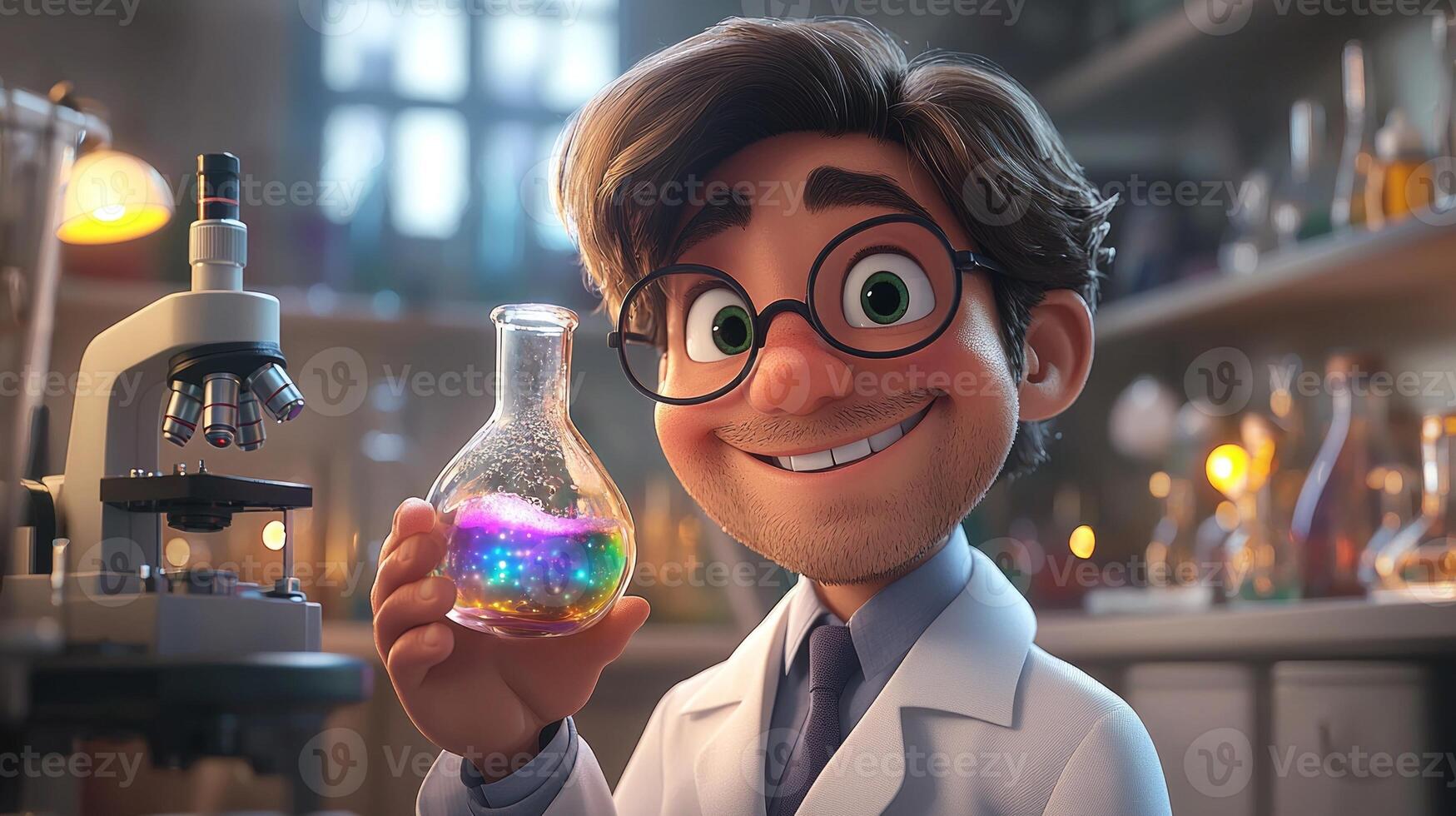 cartoon scientist smiles while holding bubbling flask filled vibrant liquid. laboratory features microscopes glowing test tubes and various scientific tools photo