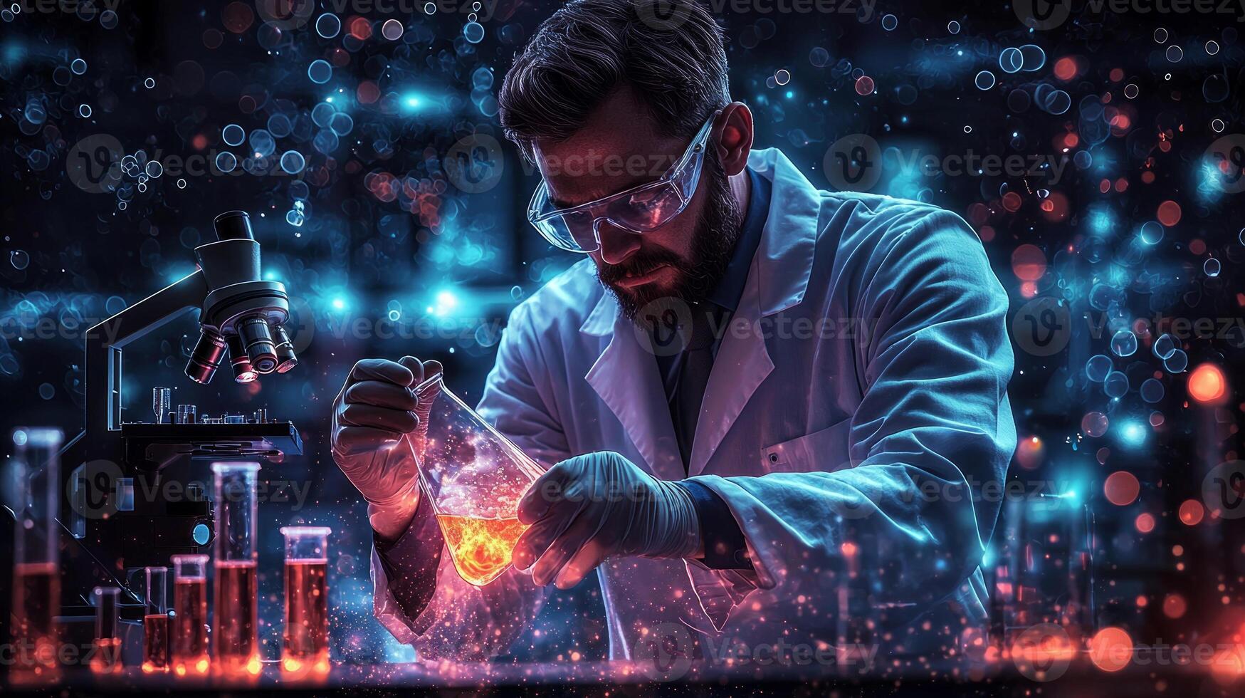 cartoon scientist in white lab coat examines bubbling flask filled colorful liquid photo