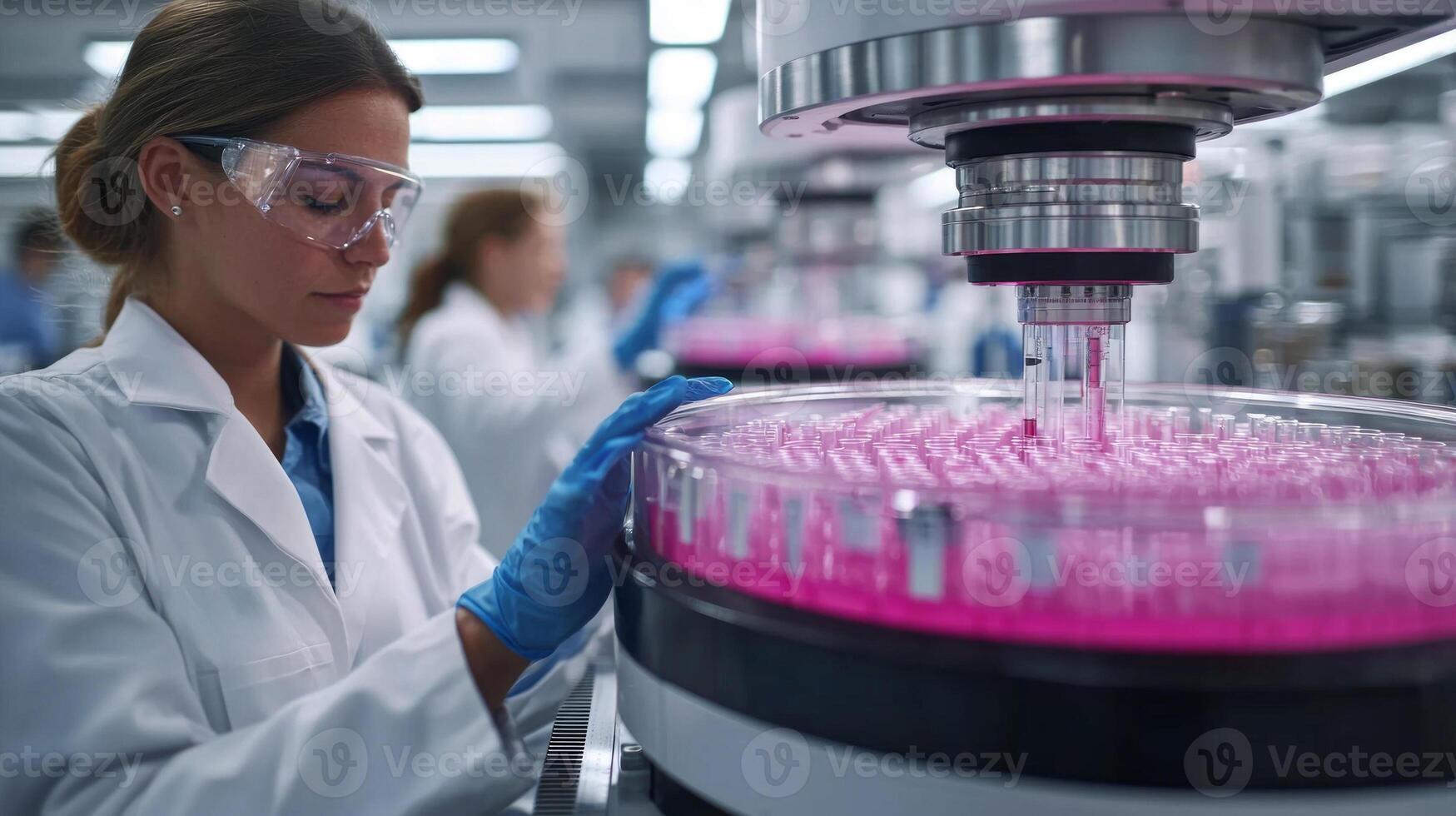 Blood samples are being spun in centrifuge for plasma separation. Nearby test tubes contain various blood components. Scientists work diligently in lab environment photo