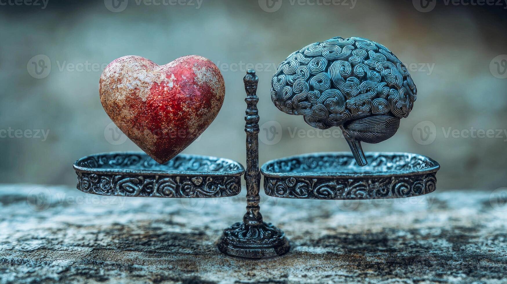 heart radiates warmth and vibrancy while brain showcases intricate metallic details. They are balanced on ornate scale highlighting tension in decision making photo