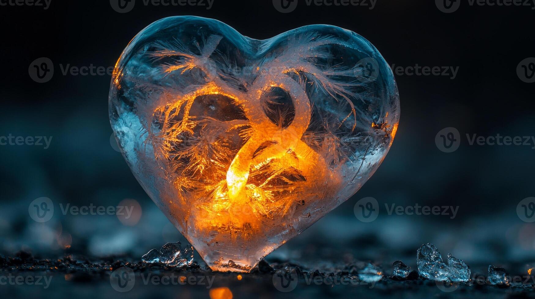 Translucent ice heart radiates faint blue light while cracks weave through its surface. Surrounding mists and glass fragments create atmosphere filled emotional coldness photo