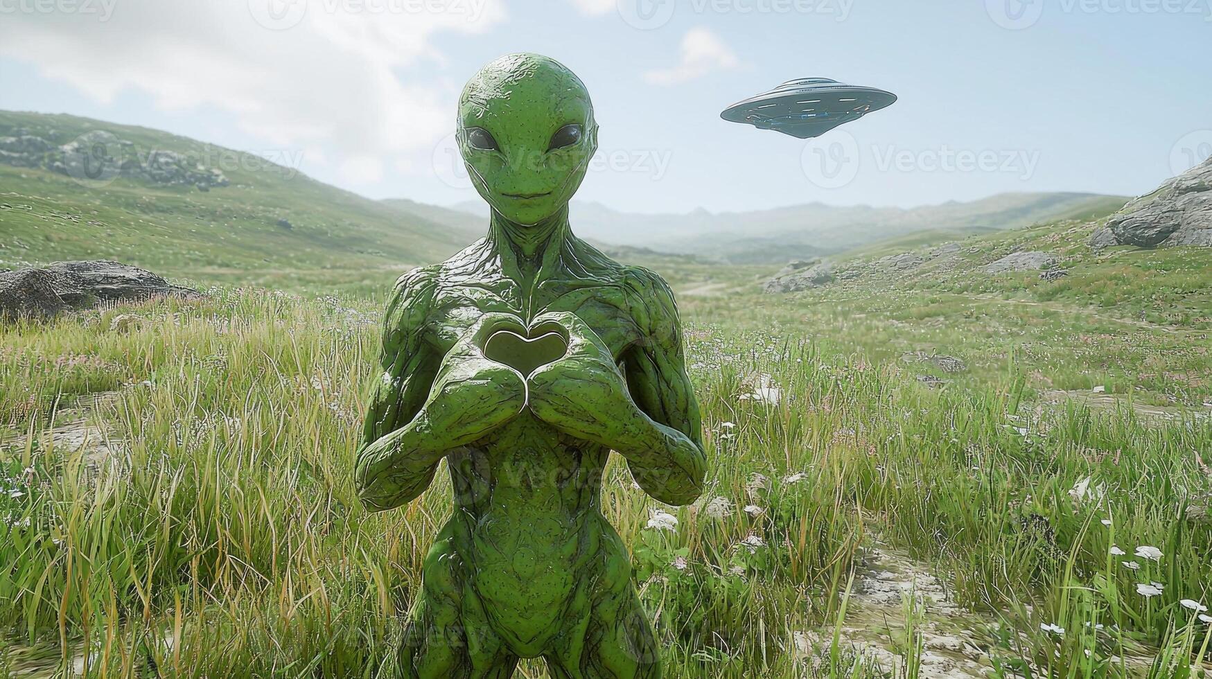 green alien humanoid stands in empty field forming heart shape its hands. UFO hovers above casting soft glow in peaceful landscape photo