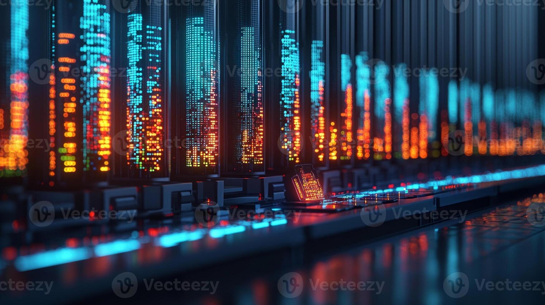 high tech machine scans blood sample in modern laboratory filled soft blue and white lighting. Colorful holographic data projections float overhead enhancing scene photo