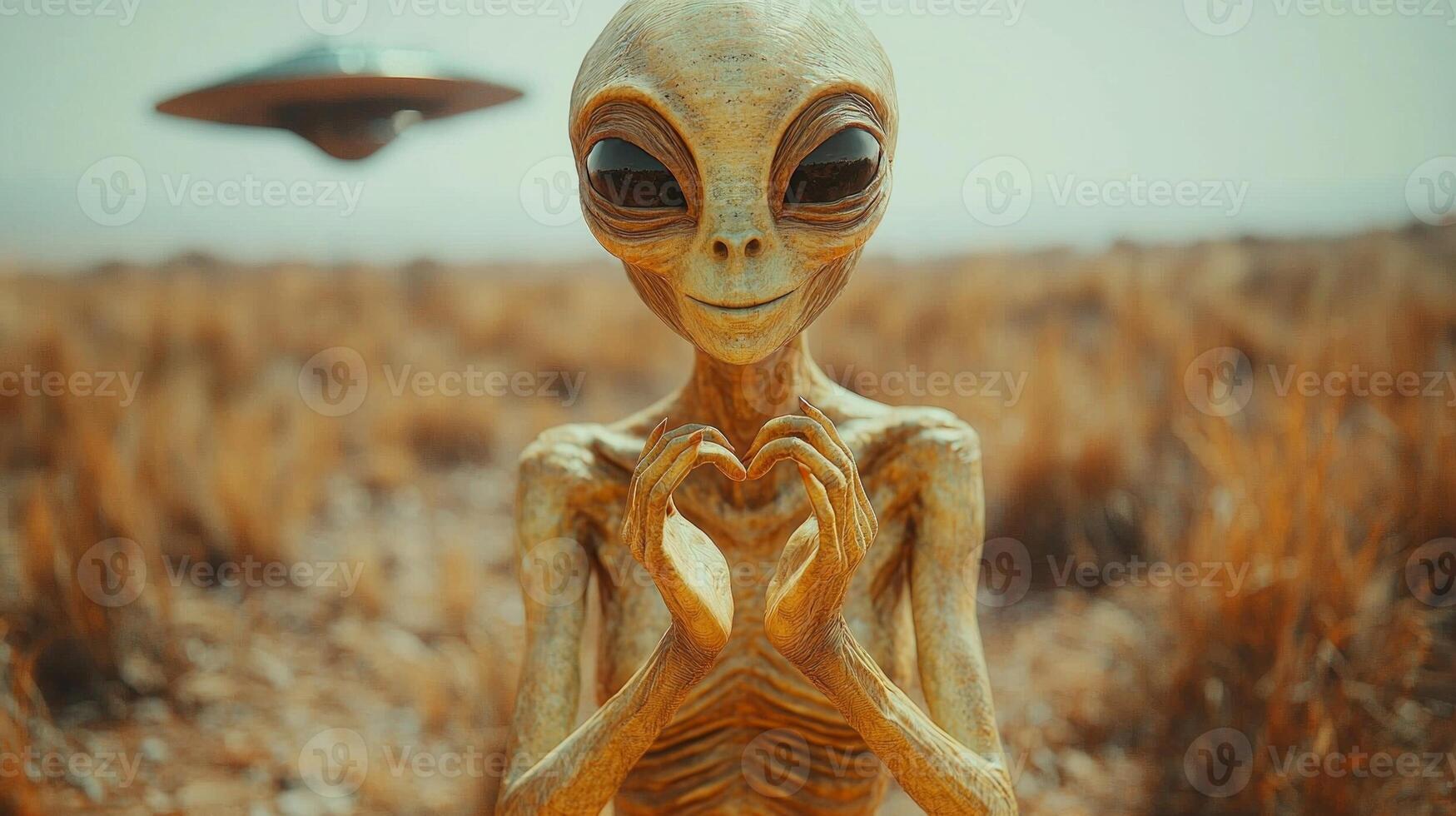 friendly green alien humanoid stands in empty open field forming heart shape its hands. futuristic UFO hovers above illuminating tranquil landscape photo