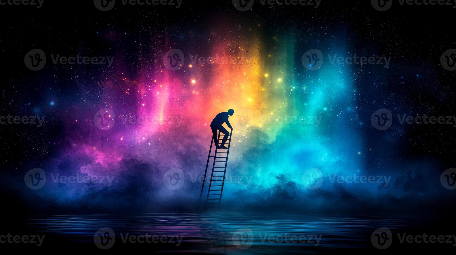 man crawls upward on unsteady ladder stretching radiant sky filled vibrant colors. scene captures essence of perseverance and aspiration against all odds photo