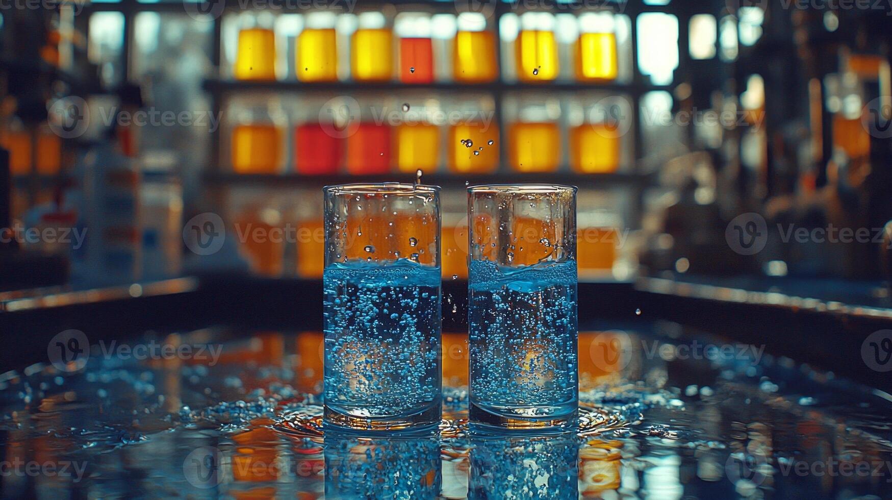 scientist focuses carefully while pipetting clear liquid into test tube. Surrounding racks display array of colorful chemicals and advanced lab tools creating lively research environment photo
