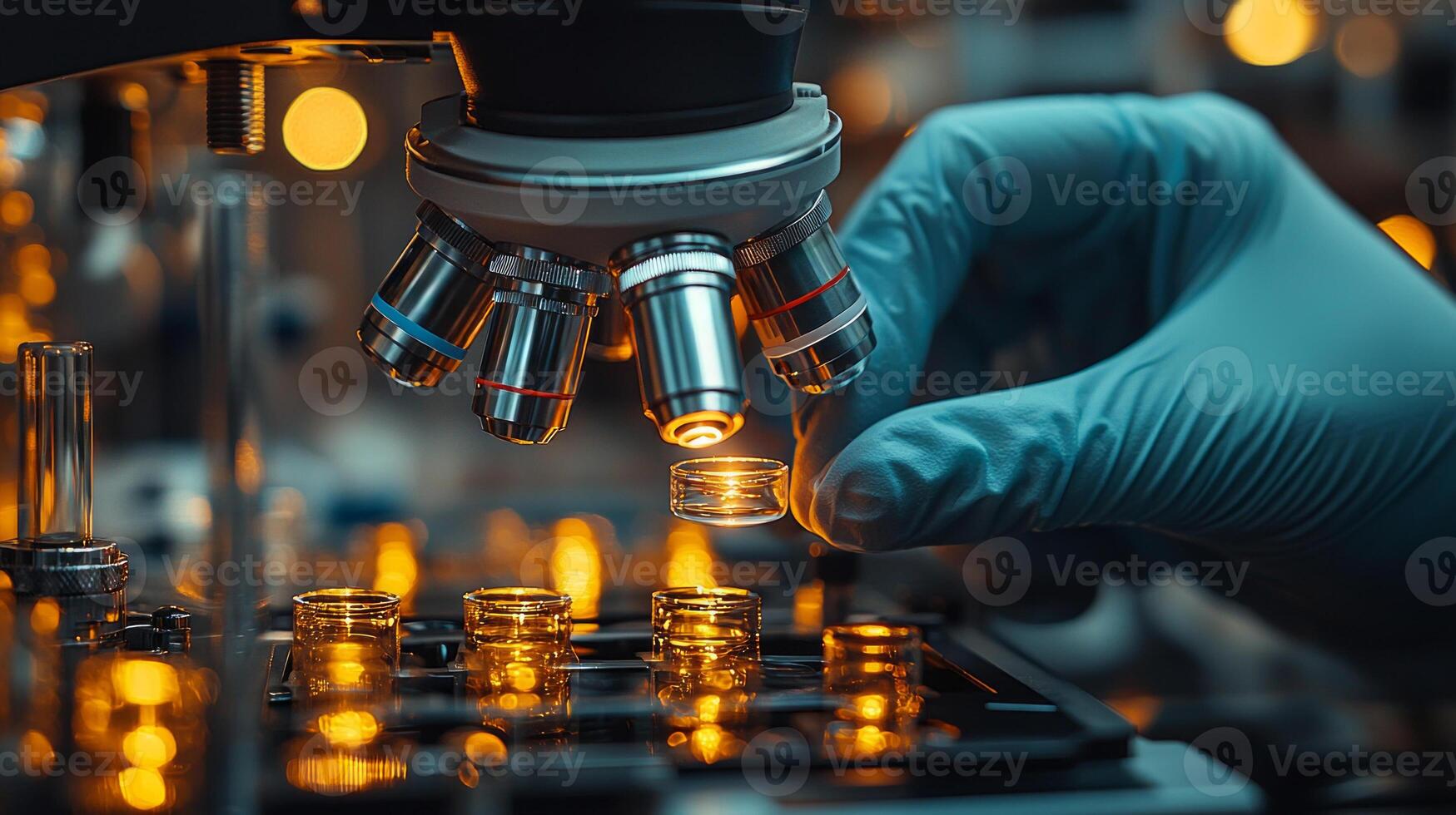 Scientist in clinical laboratory diligently places drop of blood on glass slide for examination microscope. environment features glowing monitors and precision instruments photo