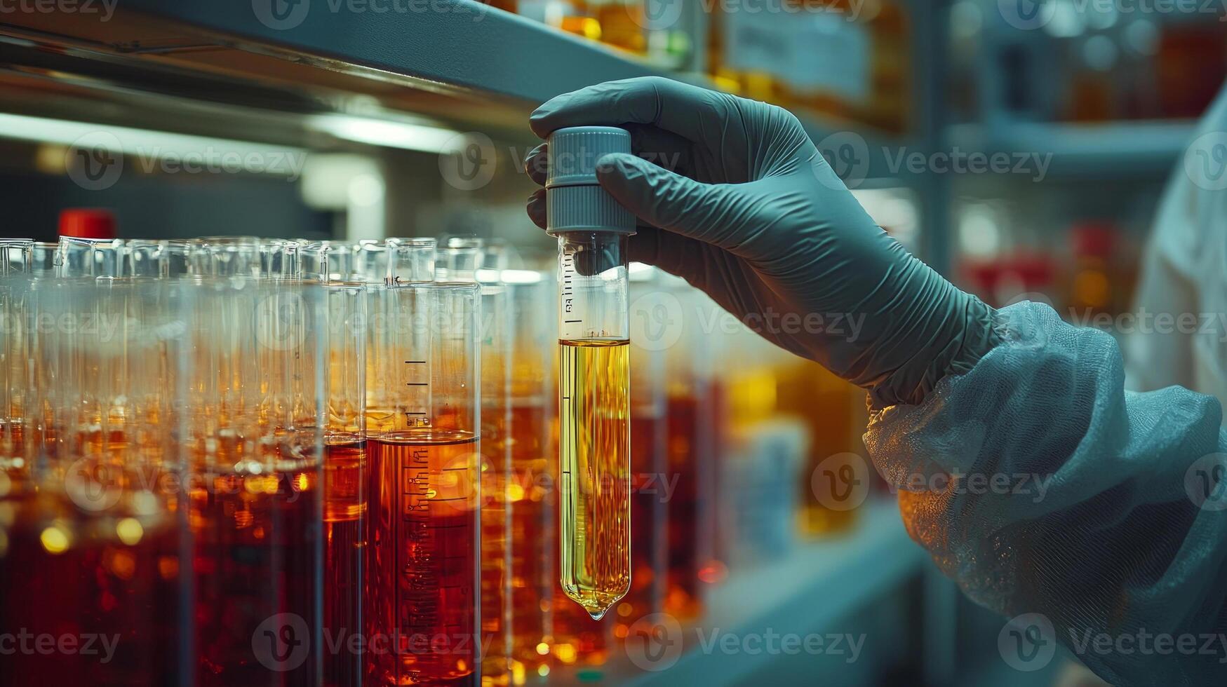 scientist demonstrates precision in laboratory pipetting clear liquid into test tube. Surrounding scientist are racks filled vibrant chemical solutions and advanced lab equipment photo