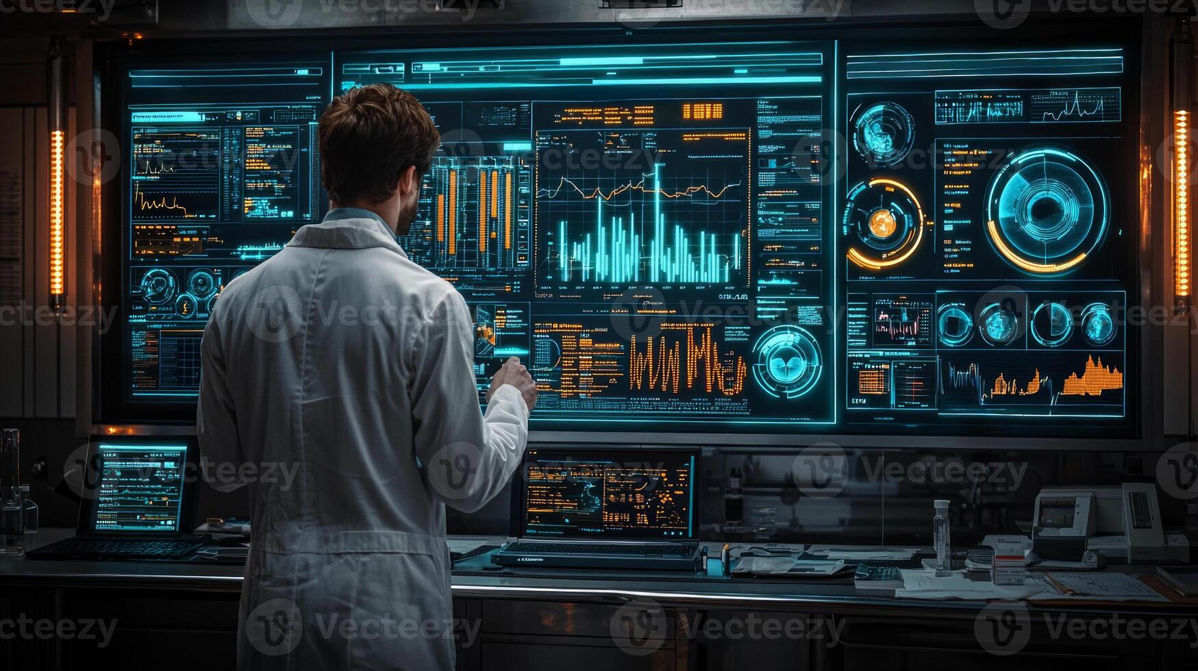 In high tech laboratory researcher in white lab coat examines colorful graphs and detailed medical insights on holographic screen showing blood test results photo