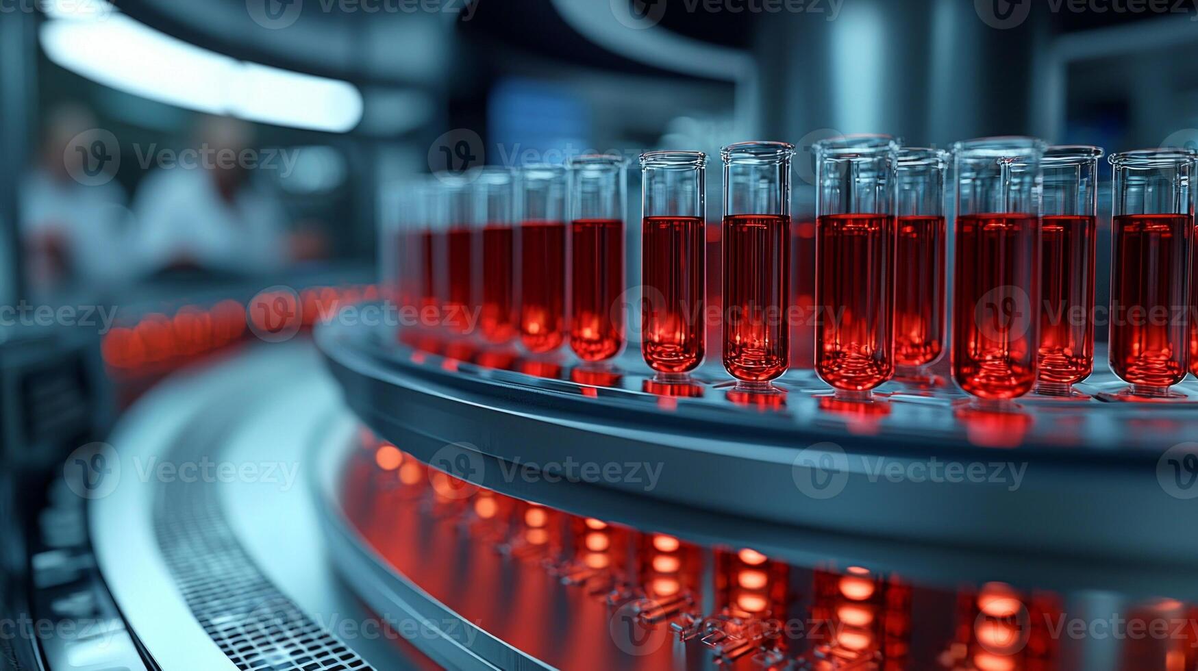 Automated blood analysis equipment operates efficiently examining rows of test tubes filled red and clear liquids while scientists monitor results in bright lab photo