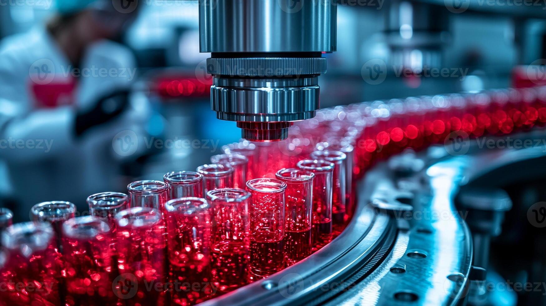 Automated blood analysis machine processes rows of test tubes filled red and clear liquids in well organized laboratory while scientists monitor advanced technology photo