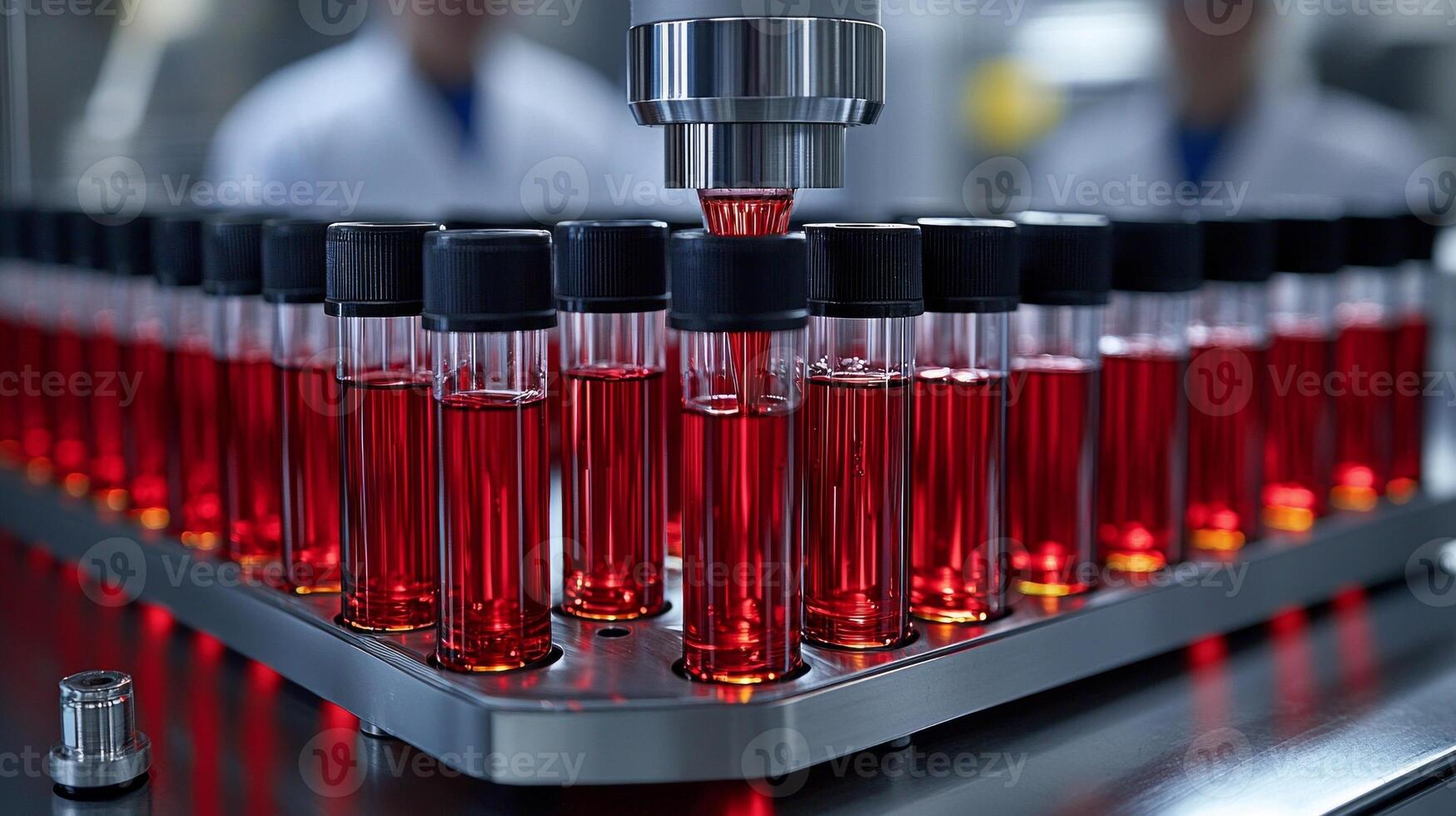 Automated blood analysis machine processes rows of test tubes filled red and clear liquids in bright lab. Scientists actively monitor advanced technology work photo