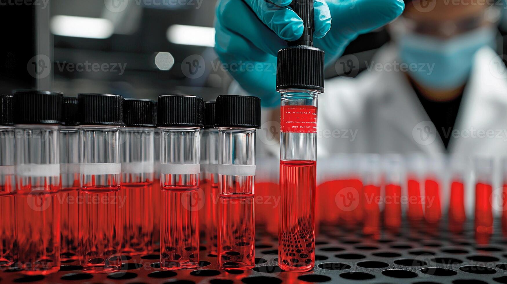 Automated blood analysis machine actively processes test tubes filled red and clear liquids in bright organized lab where scientists monitor each step of procedure photo