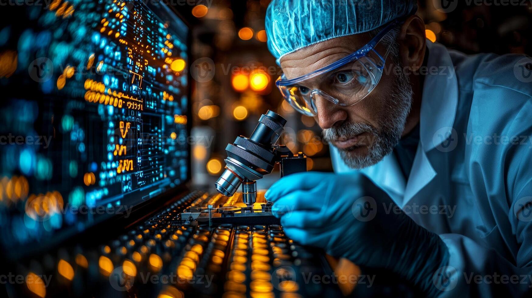 In clean clinical lab scientist meticulously places drop of blood on glass slide for detailed examination microscope surrounded advanced instruments and monitors photo
