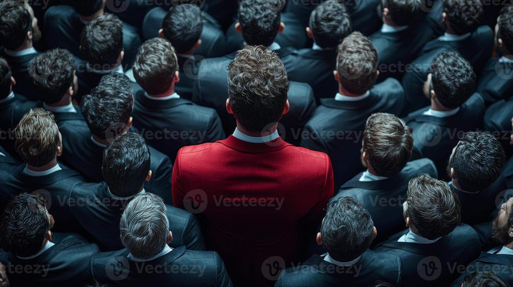 crowd of men in black suits forms dense arrangement one man in red suit standing confidently center. lighting emphasizes striking contrast photo