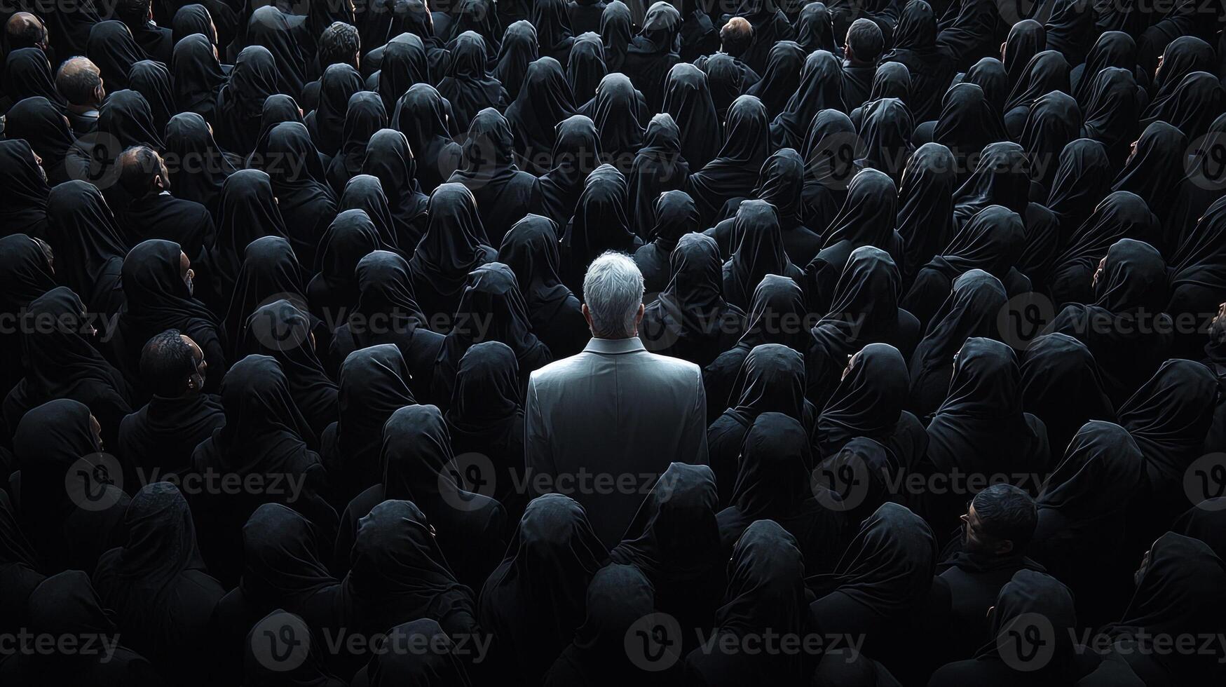 dense crowd of men in black suits forms striking visual. center one man in white suit stands confidently symbolizing individuality amidst mass photo