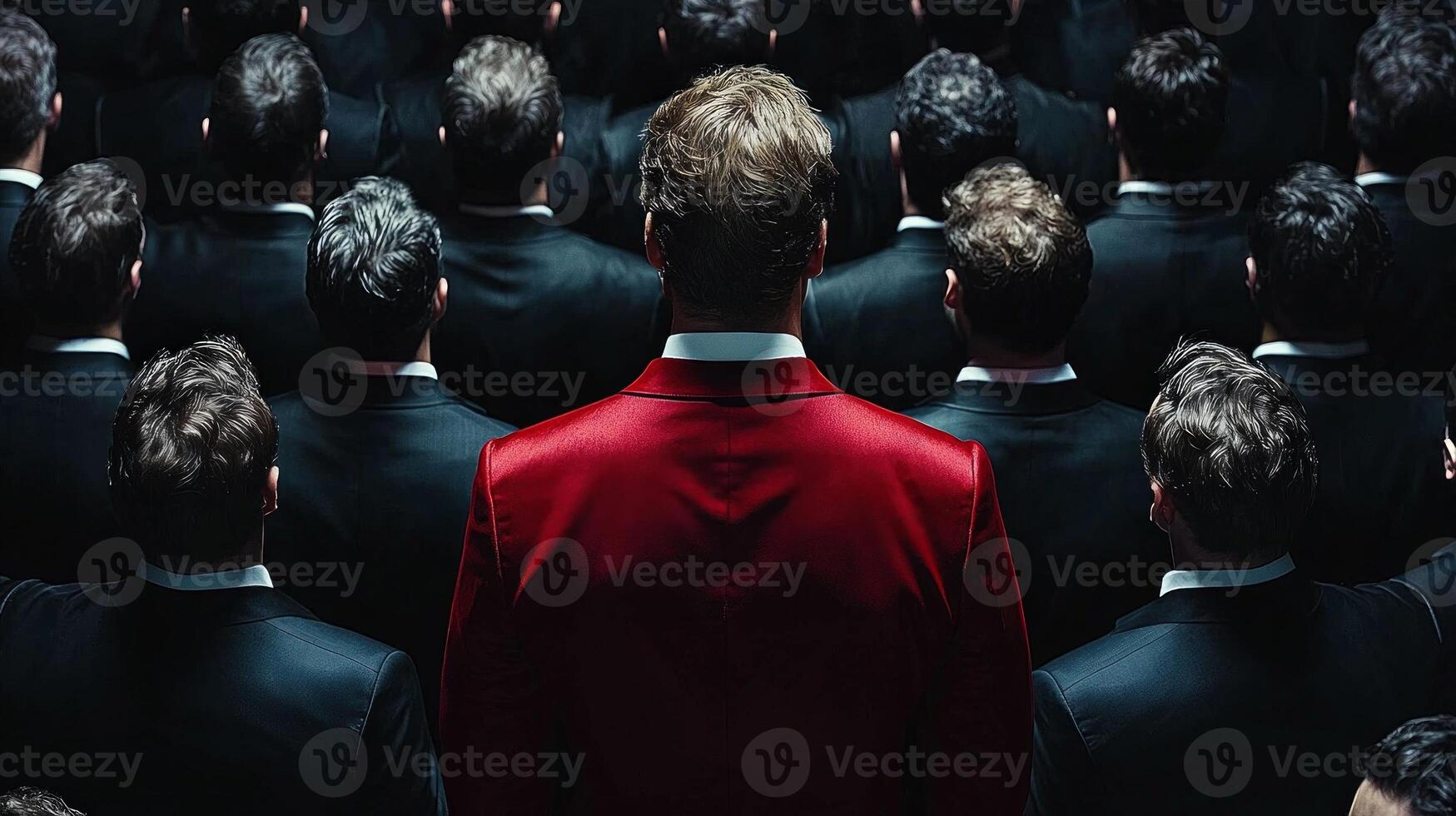 dense crowd of men dressed in sleek black suits creates uniform appearance while single man in striking red suit stands confidently center embodying uniqueness photo