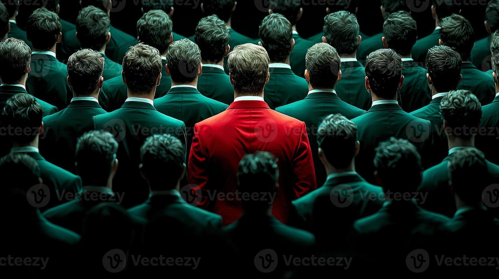 In modern setting men in sleek green suits form dense crowd one individual in striking red suit center symbolizing confidence and individuality photo