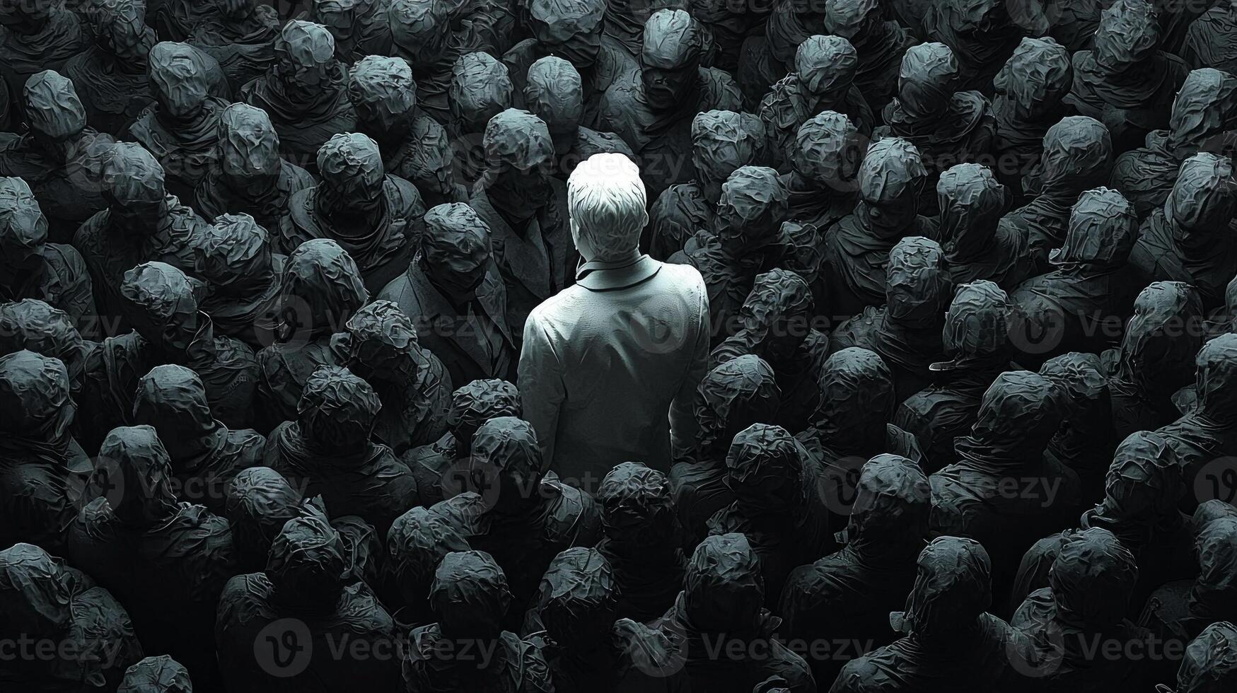 Men dressed in sleek black suits form dense crowd from top down perspective while one individual in white suit radiates confidence center highlighting uniqueness amid conformity photo