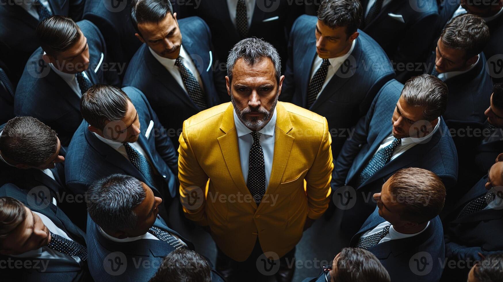 dense crowd of men in blue suits surrounds one man in yellow suit. unique figure stands confidently highlighted lighting embodying individuality against conformity photo