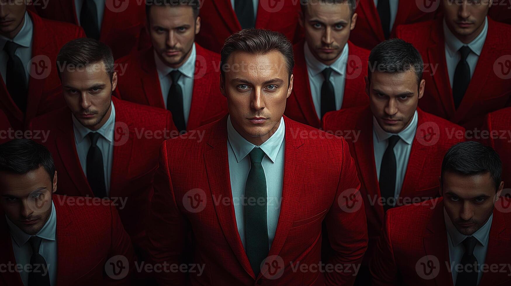 crowd of men dressed in sleek red suits creates uniform appearance while one man in green suit stands out. contrast highlights individuality and style in modern setting photo