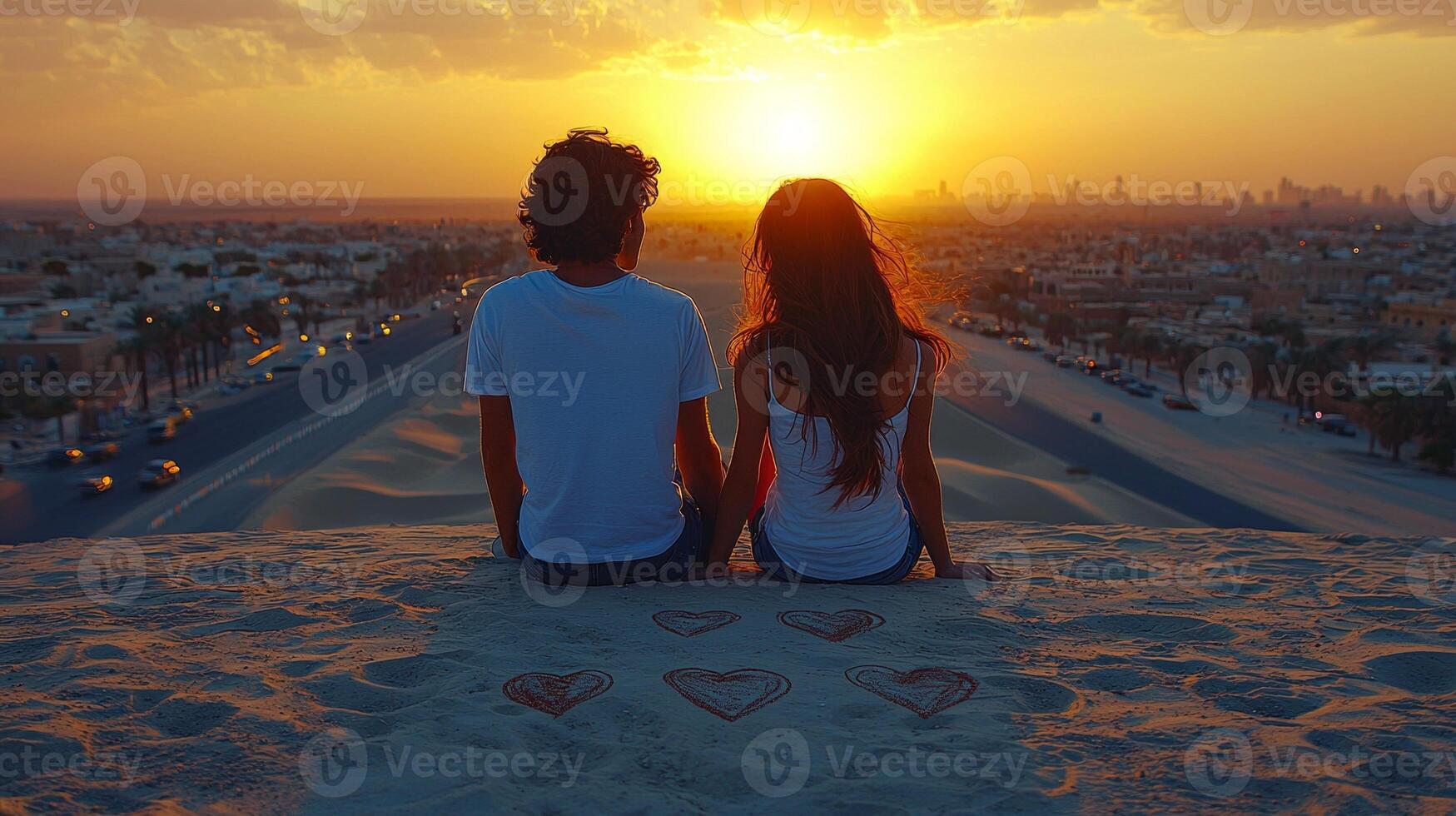 young Arab couple sits on sandy dune creating heart shapes in sand as sun sets behind them casting warm glow over peaceful desert landscape photo