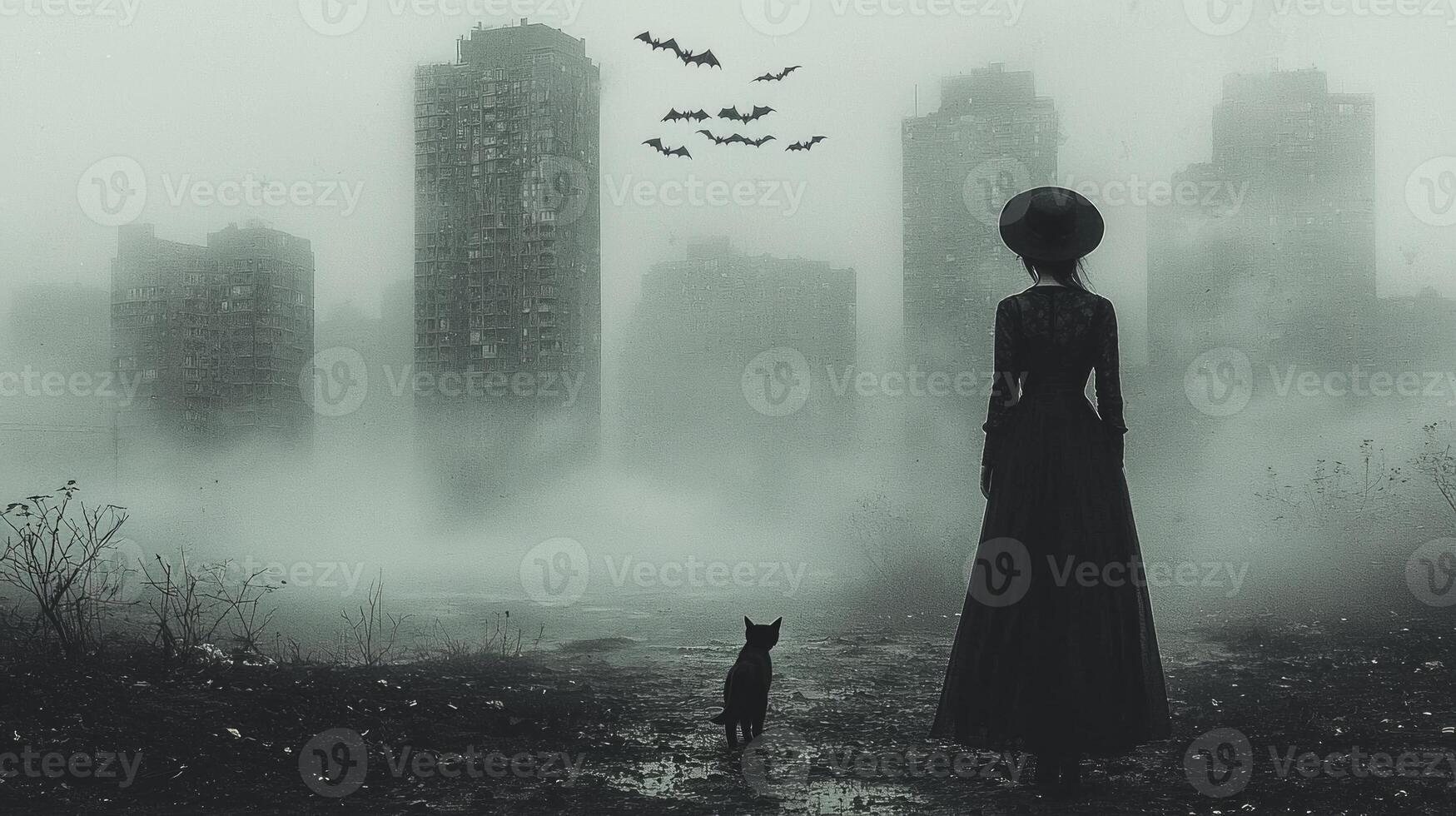 slender witch in flowing black dress strides through fog laden megacity her glowing eyed cat her side amidst looming skyscrapers and darting bats photo