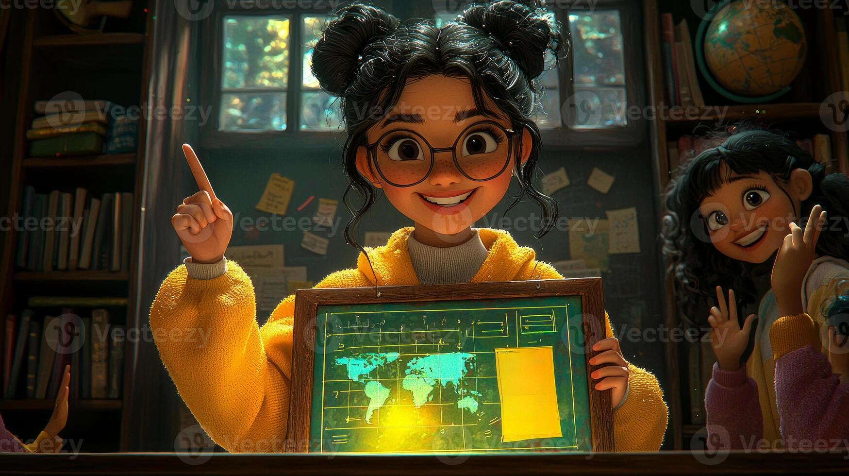 cheerful teacher stands in front of chalkboard pointing engaging diagram. Happy students raise their hands eager participate in interactive lesson photo