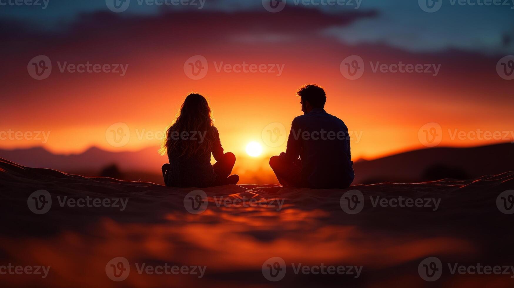 young Arab couple sits on sandy dune creating heart shapes in sand as sun sets casting vibrant colors across desert sky and evoking peaceful atmosphere photo