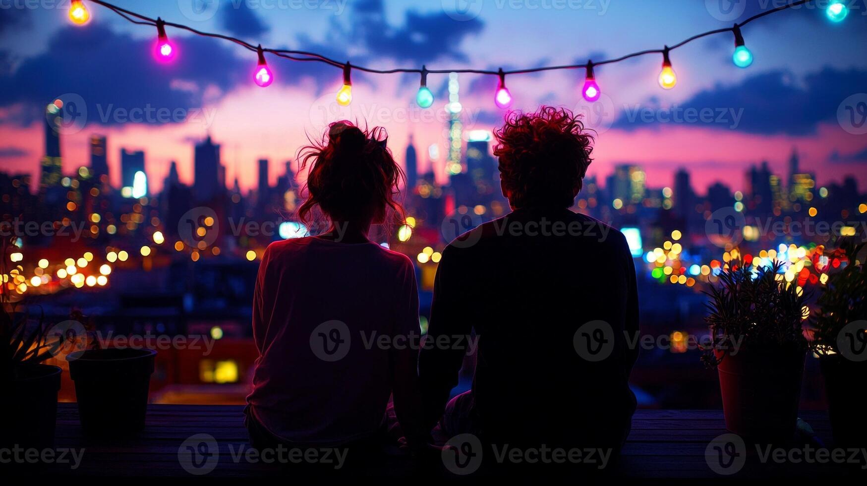 nonbinary couple sits hand in hand on rooftop terrace adorned string lights. city skyline glows in twilight creating romantic atmosphere photo