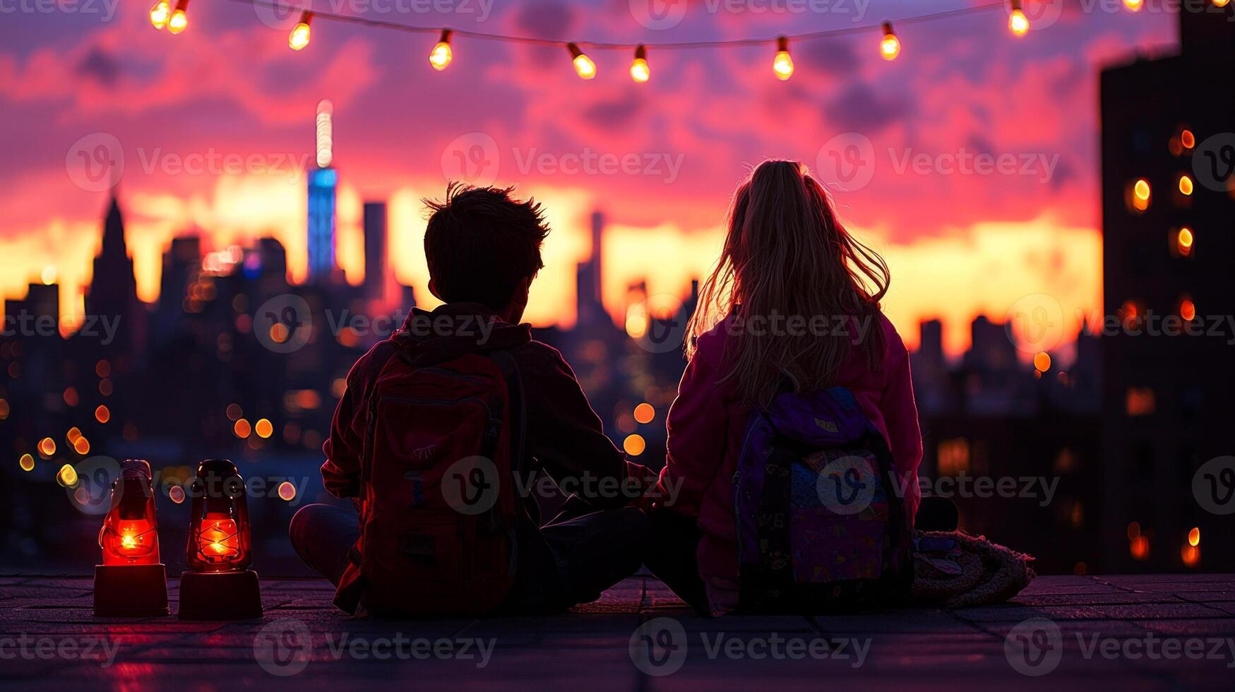 Two nonbinary individuals sit closely together on rooftop terrace beneath twinkling string lights holding hands and admiring stunning city skyline as twilight sets in photo