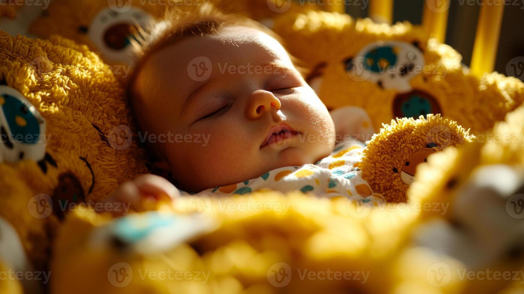 serene setting features Caucasian baby sleeping soundly in crib. surroundings include soft pastel bedding and gentle warm lighting creating soothing atmosphere photo