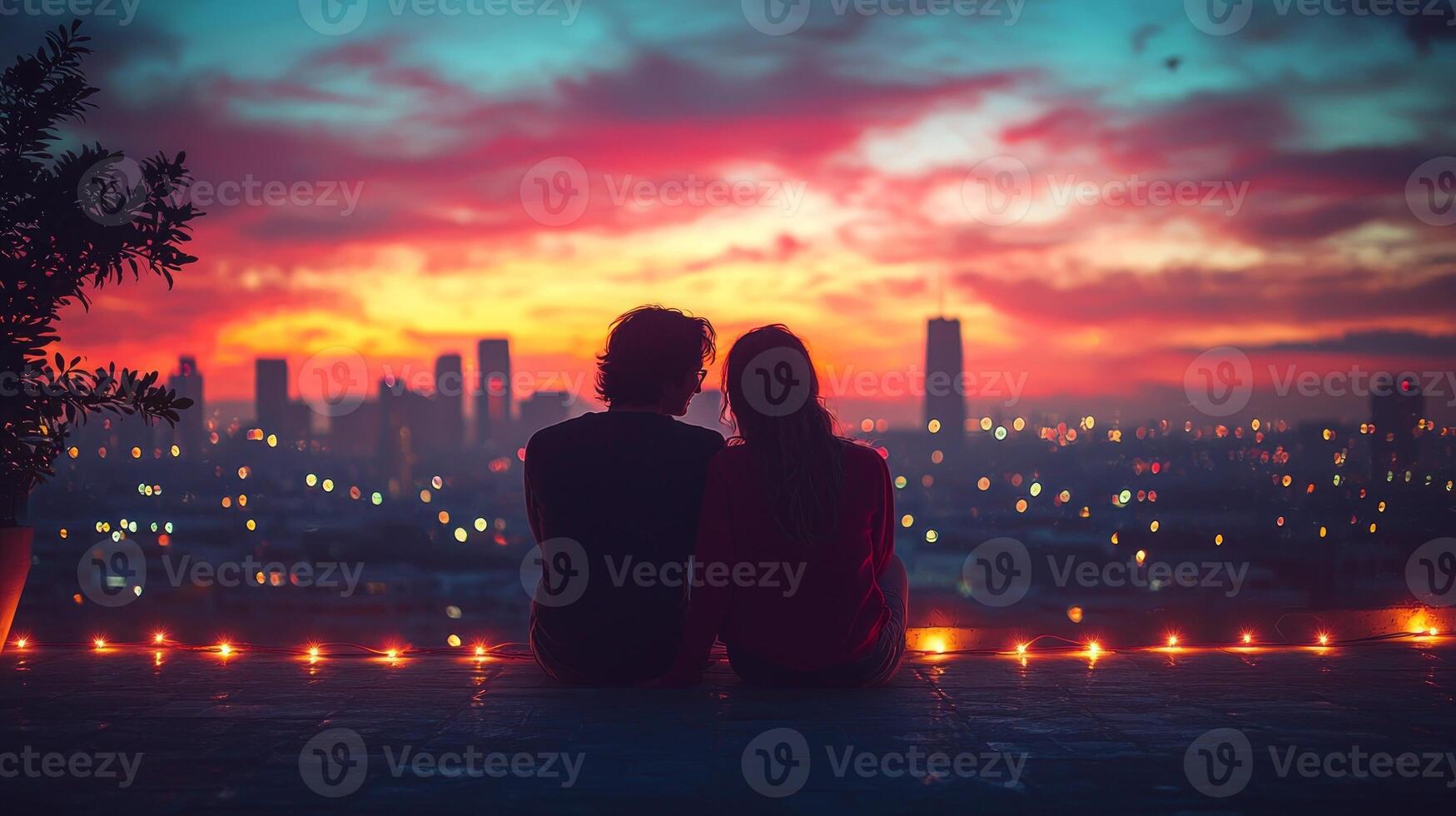 nonbinary couple holds hands and shares quiet moment on rooftop terrace adorned string lights photo