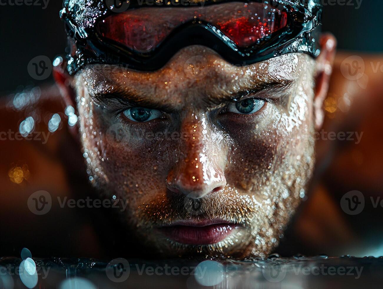 skilled swimmer prosthetic arm prepares dive from starting block glistening water droplets on his skin bright lights of competition pool photo