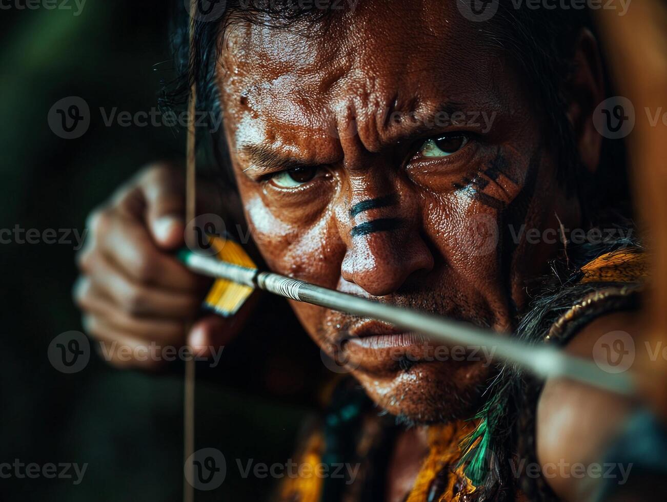 intense concentration Hispanic archer pulls back bowstring his prosthetic arm showcasing determination. forest provides serene backdrop in soft natural light photo