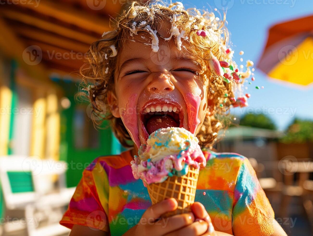 joyful Hispanic toddler smiles widely while savoring melting ice cream cone. Sunlight enhances scene highlighting child's excitement and colorful attire photo
