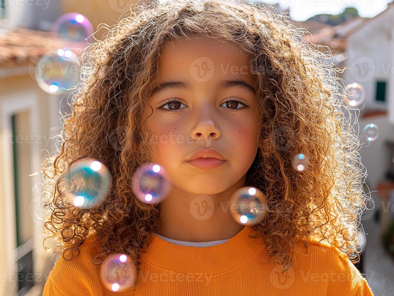 Bright sunlight filters through trees as Hispanic child blows bubbles in backyard. playful bubbles float around capturing joyful moment lively atmosphere photo