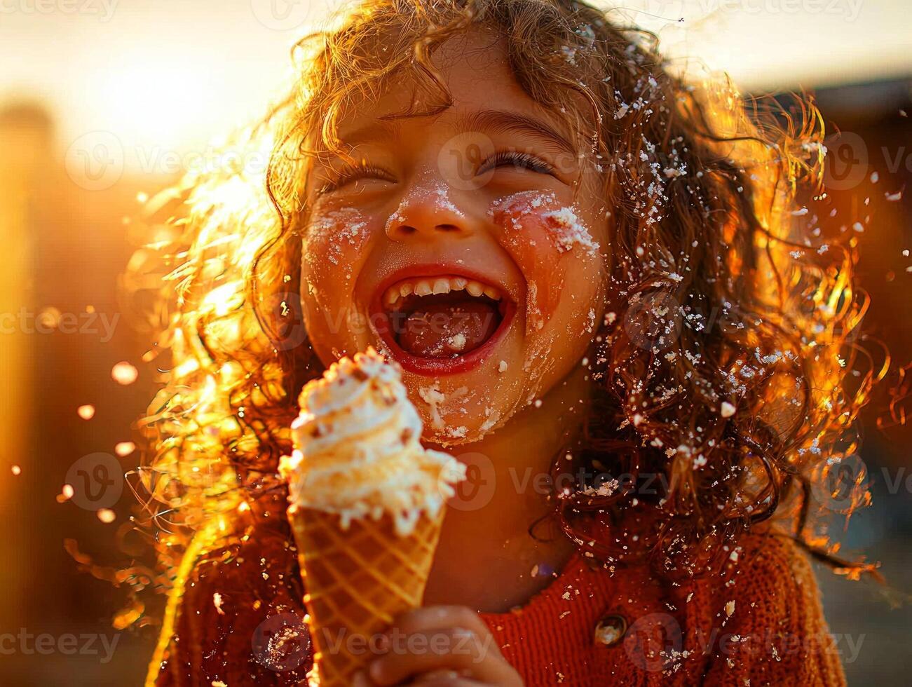 cheerful Hispanic toddler savors ice cream cone sunlight smiling brightly as melted ice cream drips onto their hands creating joyful scene filled happiness photo