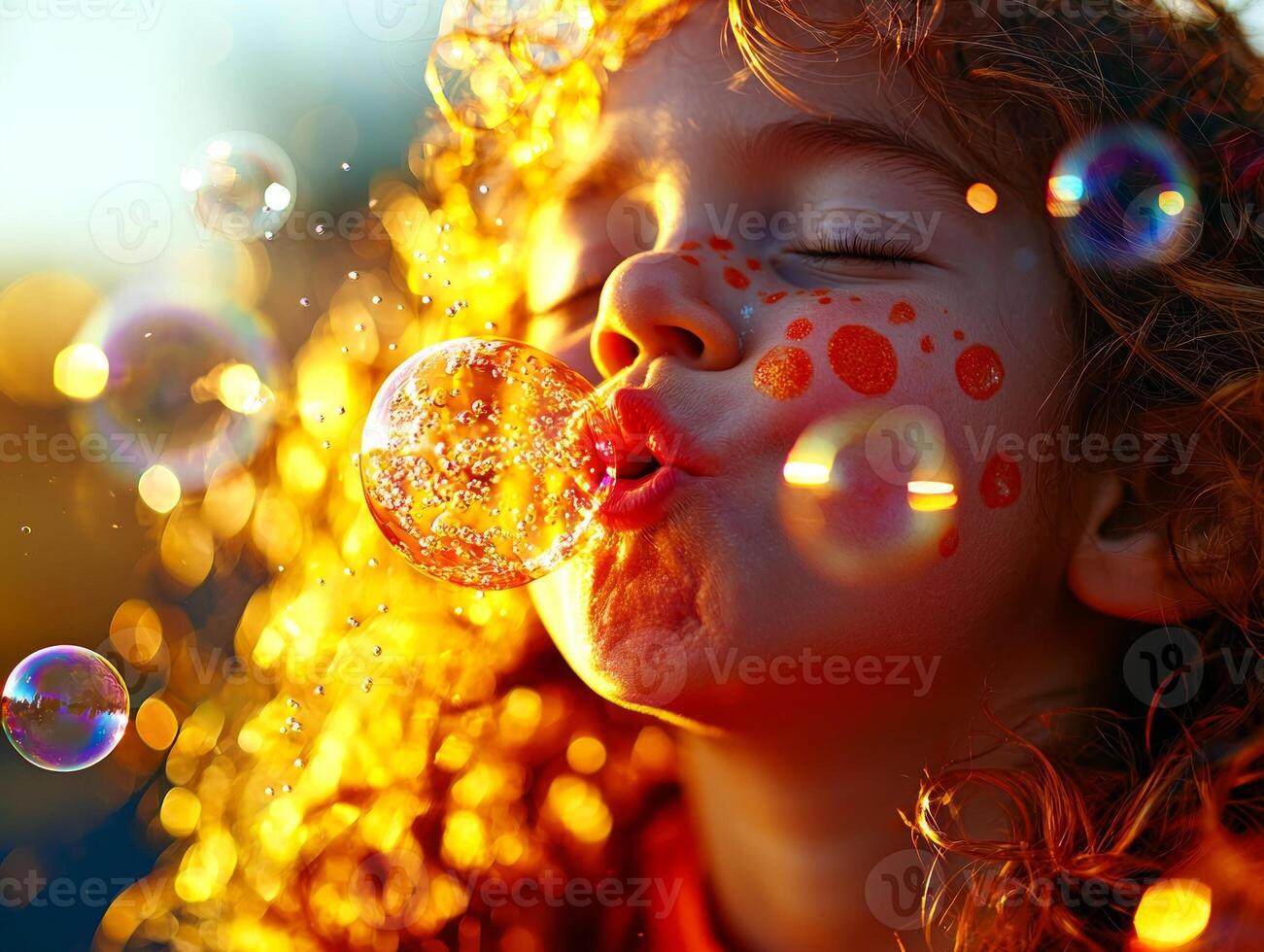 cheerful Hispanic child enjoys blowing bubbles in backyard while sunlight creates captivating bokeh effect around floating bubbles. moment is filled joy and playfulness photo