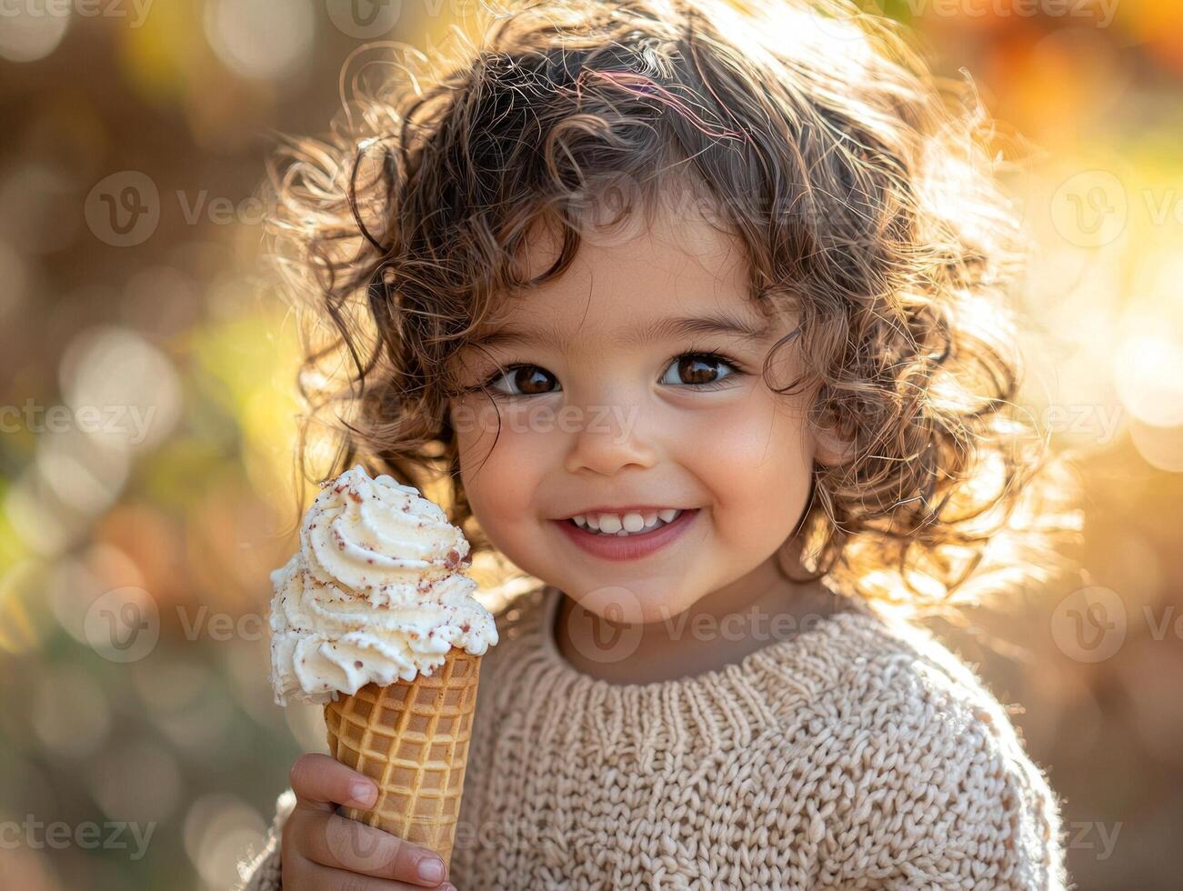 cheerful Hispanic toddler savors ice cream cone in warm sunlight. Melted ice cream drips onto their hands while they express pure delight. Soft light enhances joyful moment photo