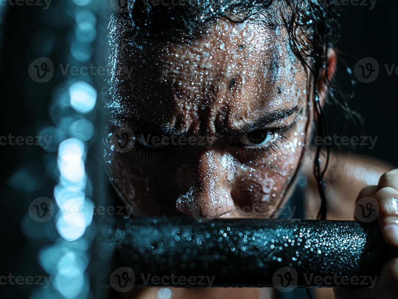 Latina weightlifter grips barbell intense focus and strength sweat glistening stark gym lights revealing her dedication and power mid lift photo