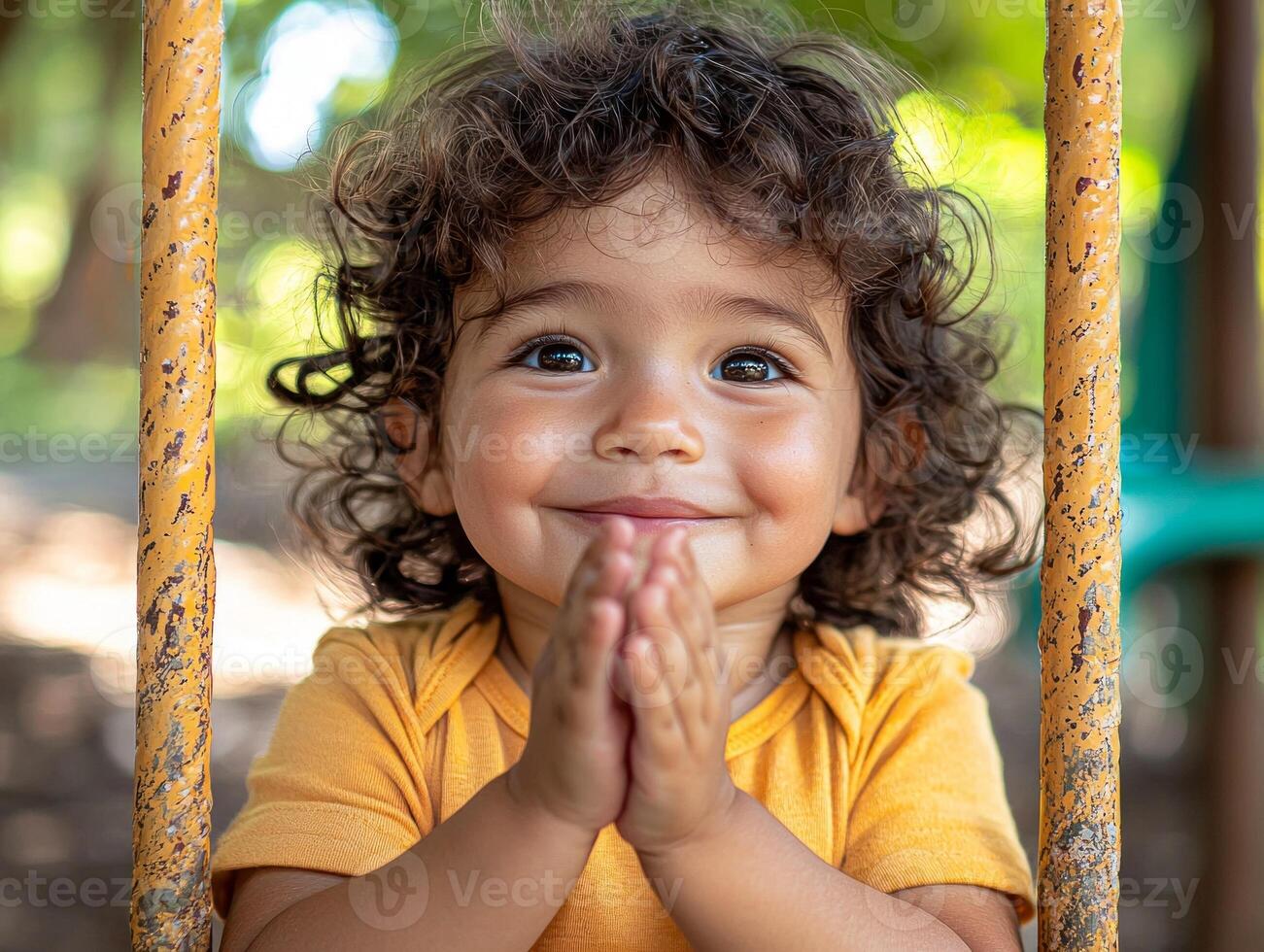 joyful Hispanic toddler sits on swing clapping their hands in delight as sunlight dances across their face capturing warm moment of childhood happiness photo