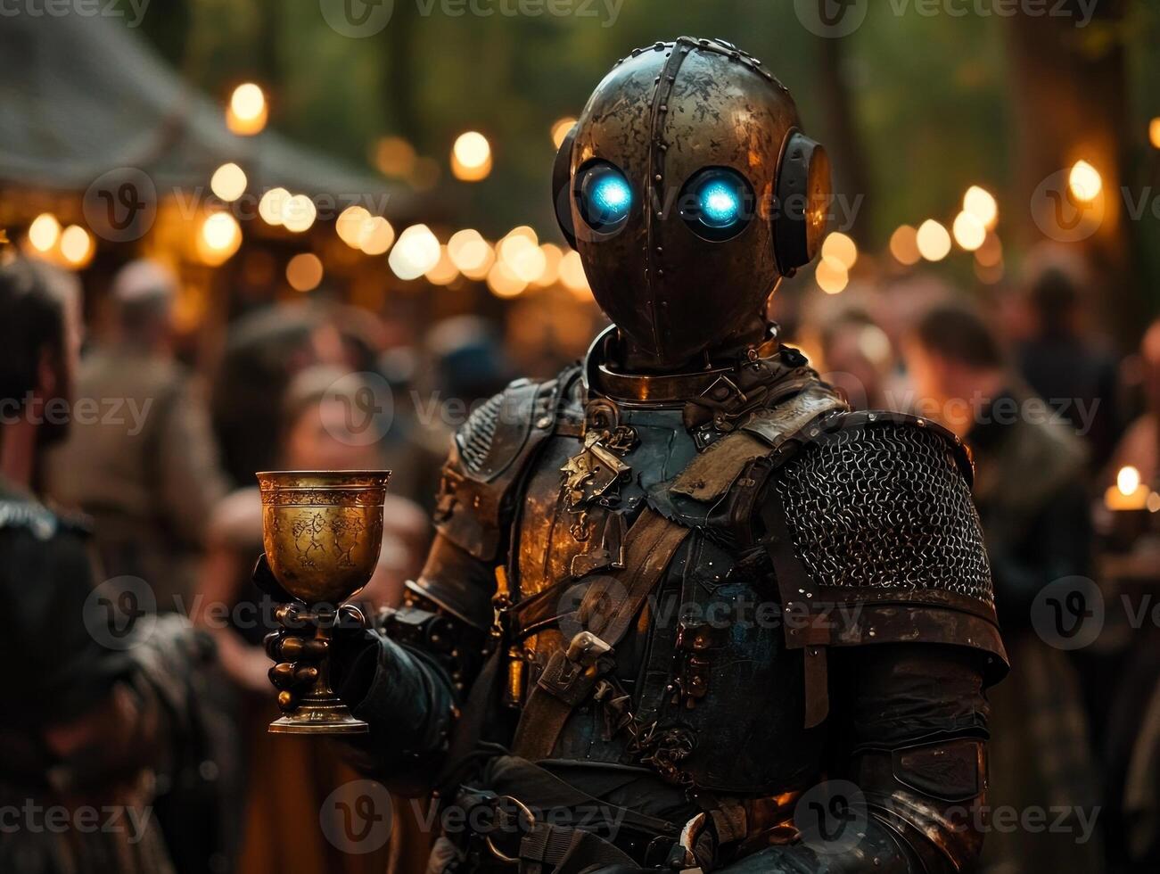 Close up of robot wearing tuxedo medieval ball its glowing blue eyes contrast detailed metallic face. Candlelight creates warm atmosphere around festive gathering photo