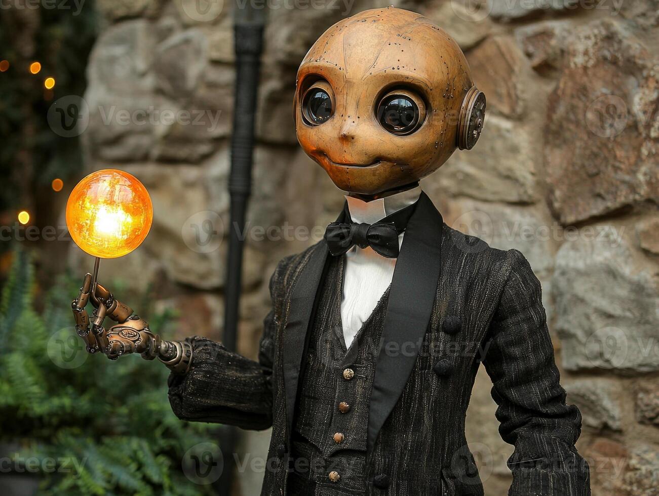 robot dressed in formal black tuxedo holds illuminated holographic invitation for medieval ball photo