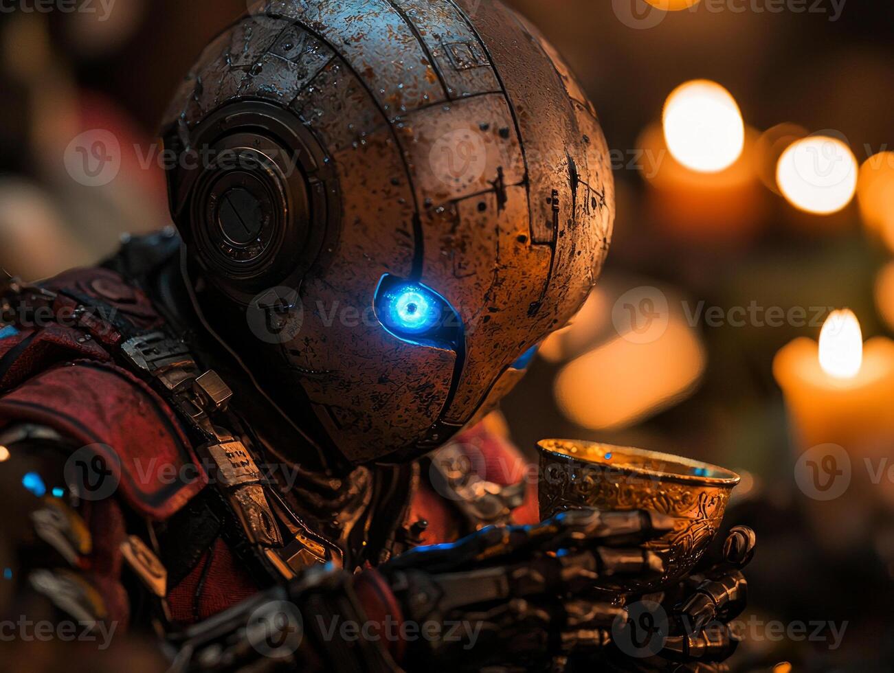 robot dressed in tuxedo holds golden goblet medieval ball glowing blue eyes and intricate metallic details enhanced soft candlelight in background photo