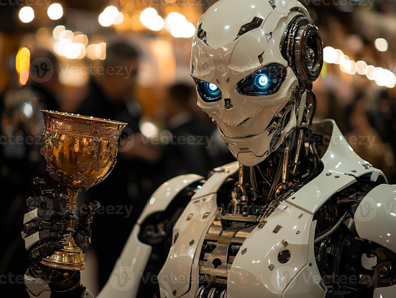 robot dressed in tuxedo stands proudly medieval ball its glowing blue eyes illuminating intricate metallic details. elegant golden goblet it holds adds enchanting atmosphere photo