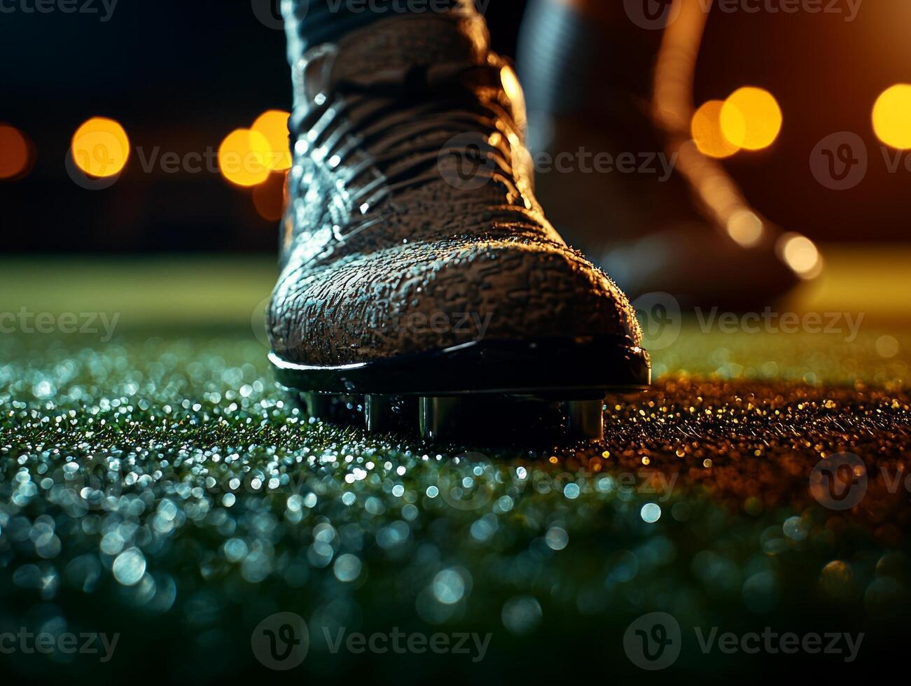 South Asian golfer is focused on lining up shot on golf course. soft evening light glints off details of their titanium leg prosthetic showcasing determination and skill photo