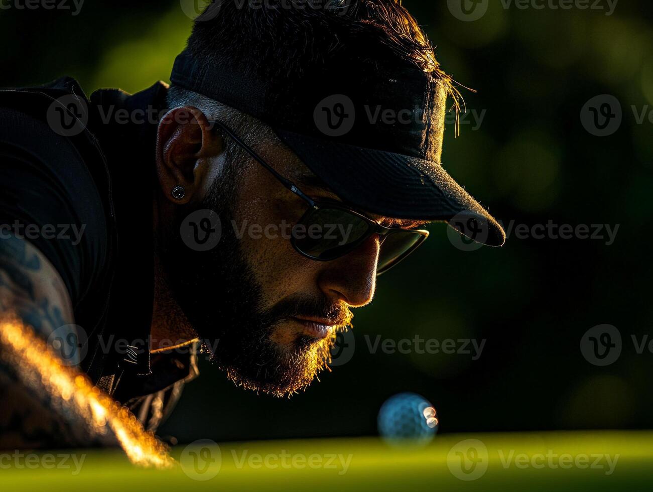 South Asian golfer leg prosthetic focuses intently as they line up shot on lush green golf course. soft evening light enhances moment creating serene atmosphere photo